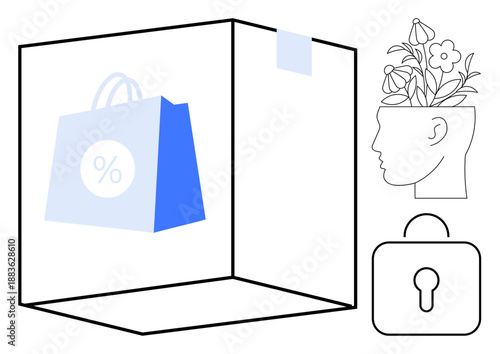 Shopping bag with discount sign in a cube frame, head filled with blooming flowers for creativity, lock for security. Ideal for commerce, innovation, mindfulness, privacy, growth, inspiration simple
