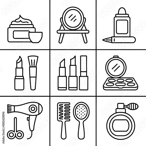 Beauty Cosmetics Icons Line Art Set – Makeup, Skincare & Haircare Outline Symbols