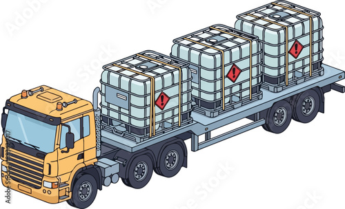 Truck hauling hazardous materials containers on a flatbed trailer viewed from the side