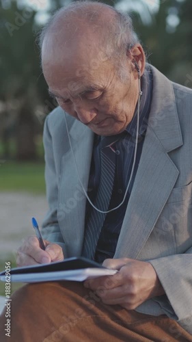 Elderly man writing on notepad in park