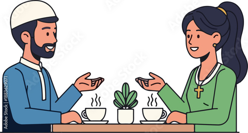 Man and woman sharing coffee and conversation over a small table with a plant in the center