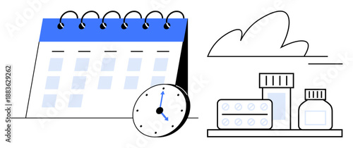 Healthcare management, medication reminder, patient care, time management, daily routine, pharmaceutical organization. Calendar, clock and medicine bottles on a shelf. Healthcare management