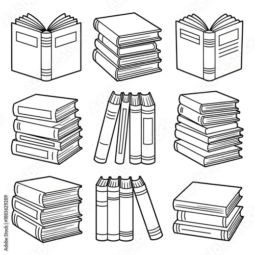 Books & Reading Line Icons Vector Set – Open Books, Stacks, Library & Education Symbols