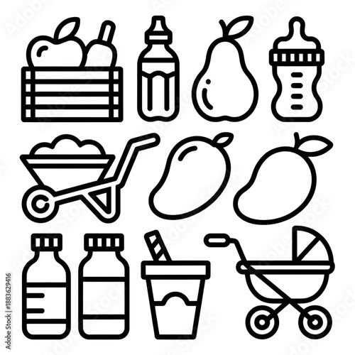 set of baby icons coloring page line art 