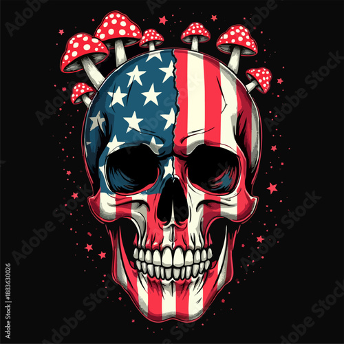 Vector t-shirt design with human skull
with usa flag mask, poisonous mushroom fly agaric
on black background.
Fashionable print for fabric, paper, men clothing,
hoodie, jacket, american t shirt.
