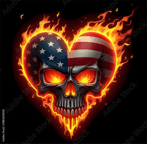 Vector t-shirt design with burning human skull
with usa flag mask in shape of heart 
on black background.
Fashionable american print for fabric, paper, men clothing,
hoodie, jacket. T shirt template.
