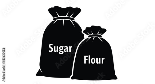 two black silhouette sacks labeled sugar and flour simple graphic illustration of food products