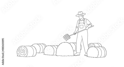a black and white drawing of a farmer raking hay into circular bales