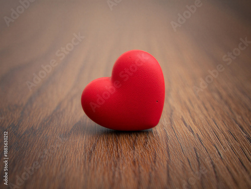 Red heart symbol resting on textured wooden surface in soft natural light evoking love romance and valentine's day with minimalist aesthetic for conceptual use