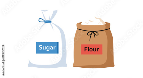 a simple illustration showing bags of sugar and flour labeled clearly for easy recognition