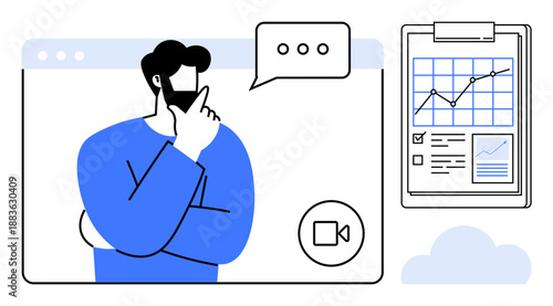 Business strategy, remote work, virtual meetings, data tracking, decision-making, online collaboration. Man thinking in a browser window with charts. Business strategy and remote work concept