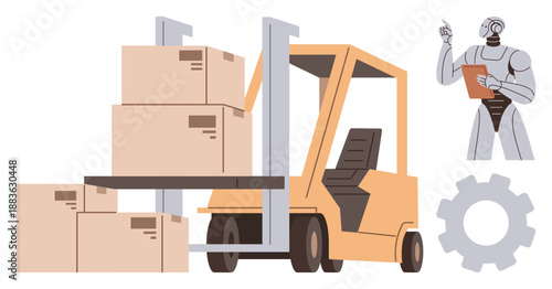 Robotics, automation, logistics, AI monitoring, warehouse operations, supply chain management. Robot overseeing forklift moving boxes and gears. Robotics and automation in warehouse logistics concept
