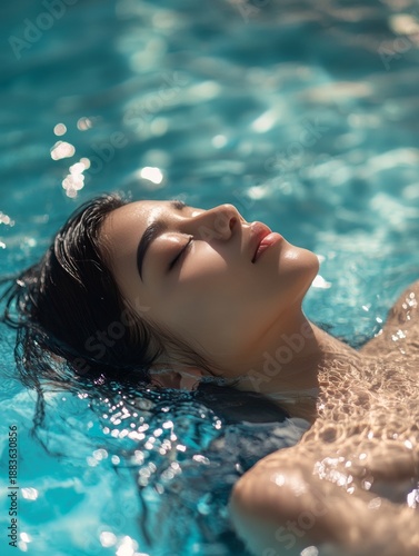 A young woman with closed eyes and wet hair floating on her back in a swimming pool.