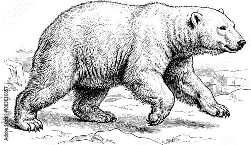 Engraving polar bear full length walking in the arctic landscape.