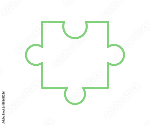 Flat jigsaw puzzle piece outline silhouette. Green graphic element in a boardgame or table game concept. Suitable for hobby, toy, and children activity designs.
