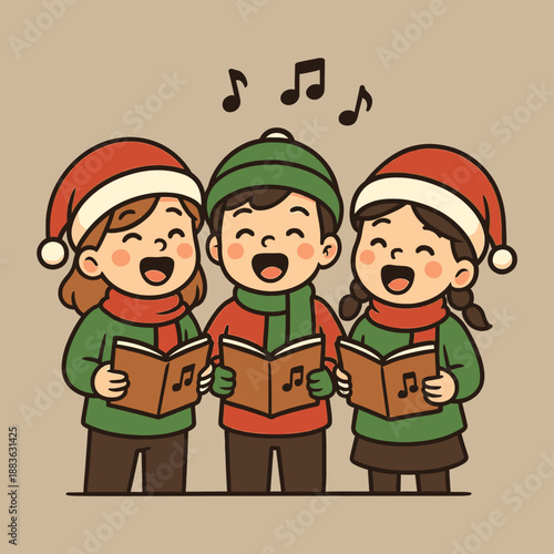 Flat vector illustration of three happy children wearing Christmas hats and singing carols from songbooks with musical notes floating above on a beige background.