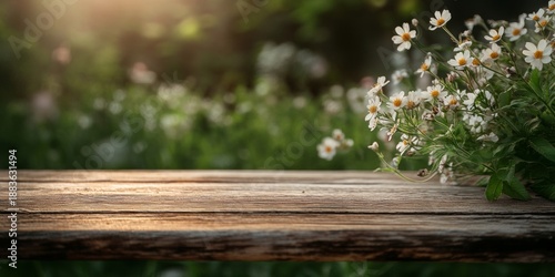 The image captures the serene beauty of a bouquet of daisies resting on an old, weathered wooden bench in what appears to be a peaceful garden setting.