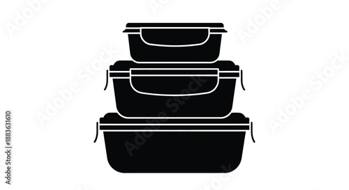 a stack of black food storage containers neatly arranged in a simple silhouette design