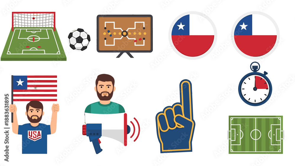 Fototapeta premium A vibrant vector graphic illustration of various soccer and sports icons with a USA vs Chile theme