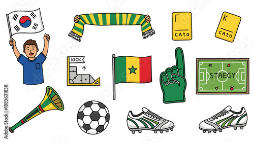 A colorful vector graphic illustration of various soccer themed icons and symbols on a
