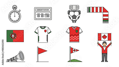 A colorful vector graphic illustration of various soccer themed icons and symbols on a