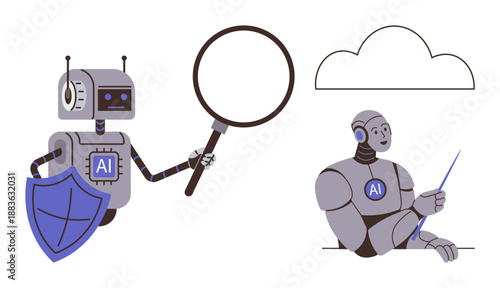 Artificial intelligence, cybersecurity, data analysis, cloud computing, research tools, machine learning. Robots with shield, magnifying glass and cloud. Artificial intelligence and cybersecurity