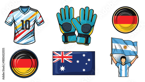 A colorful vector graphic illustration of soccer icons and flags for Germany and Australia