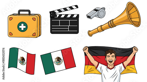 A vibrant illustration of sports and film icons with flags of Mexico and Germany