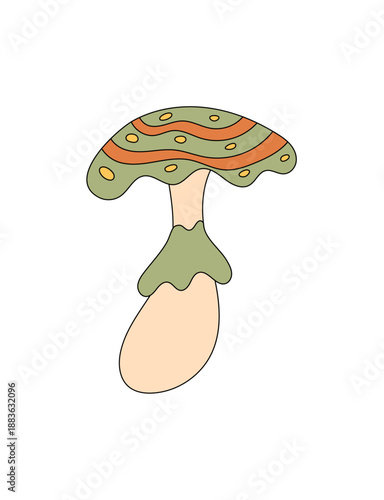 Groovy retro cartoon mushroom in green and orange color with a psychedelic patch style sticker. Y2k inspired shroom and plant, magic groovy element as a trendy sticker for playful fun decor.
