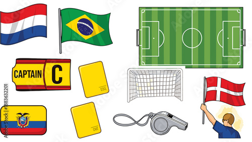 A colorful vector graphic illustration of soccer icons and flags on a