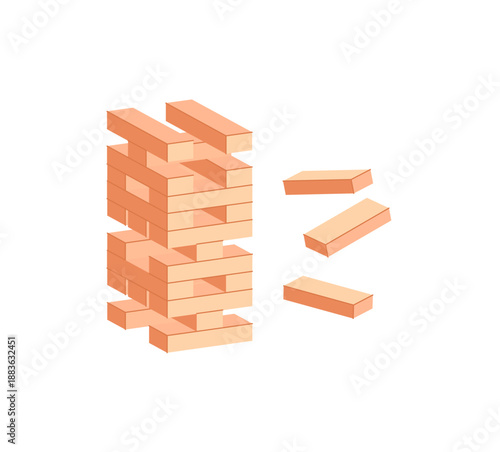 Wooden Jenga blocks in flat sticker style. A classic wooden block toy for tabletop fun and family play. Perfect boardgame concept for leisure, recreation, and activity design.