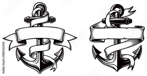 Anchor with ribbon banners vector illustration set