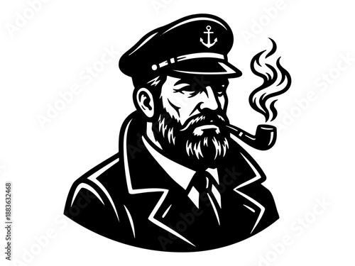 Bearded ship captain smoking pipe in uniform portrait