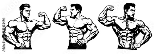 Bodybuilder muscular men flexing poses collection