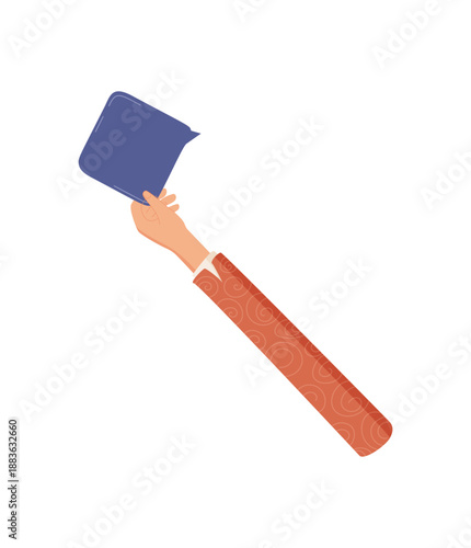 Flat hand with a chatbox bubble. Open gesture holding colorful speech symbol. Message and comment communication idea, cartoon visual style, abstract design for creative usage.