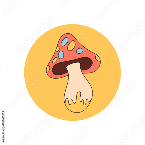 Groovy retro cartoon mushroom sticker on yellow circle shows fun shroom label. Cartoon mushroom sticker for package lid and playful y2k label, fits retro and groovy package style.