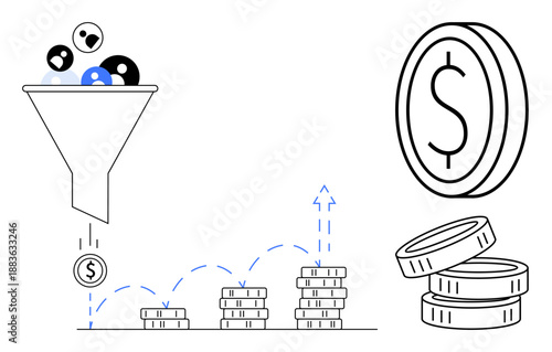 Marketing, revenue growth, ROI, business conversions, sales funnel, financial strategies. Graphic shows a funnel, coins and stacking growth chart. Marketing and revenue growth concept