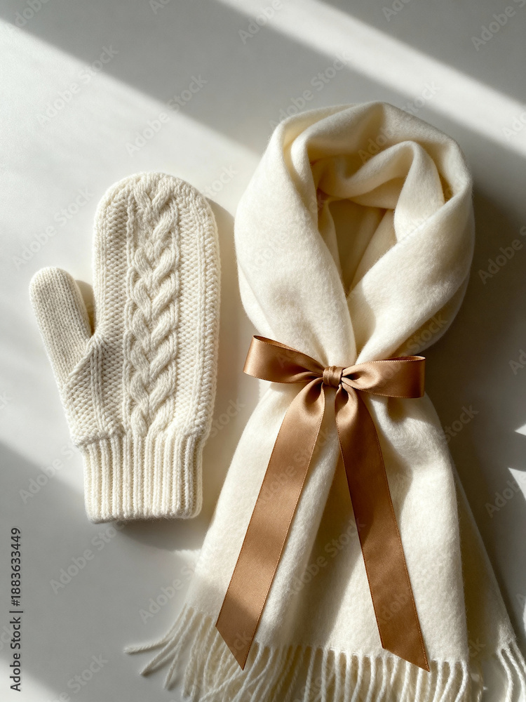 Fototapeta premium Cozy winter gift set with a knitted mitten and wool scarf. Flat lay of warm fashion accessories on a white background. Holiday present concept with a golden ribbon