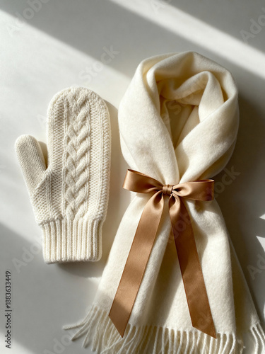 Cozy winter gift set with a knitted mitten and wool scarf. Flat lay of warm fashion accessories on a white background. Holiday present concept with a golden ribbon