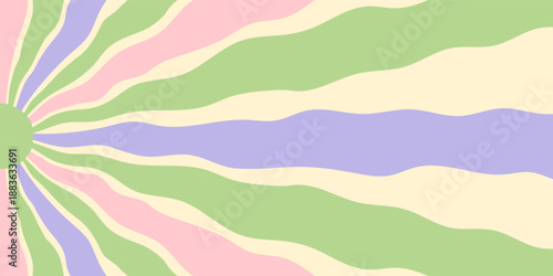 Groovy pastel retro sun burst background in wavy y2k style. Sunshine ray with graphic shapes as a dynamic burst, bright and playful with horizontal orientation, for modern trendy creative uses.