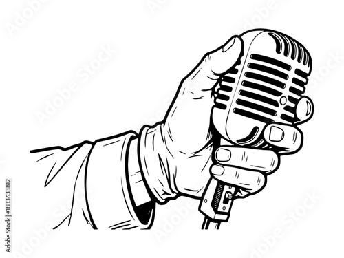 Human hand holding retro style microphone sketch drawing