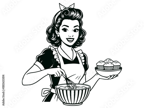 Housewife baking cupcakes mixing batter in bowl