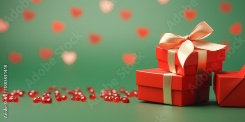 Red Gift box and festive red hearts on green background with copy space