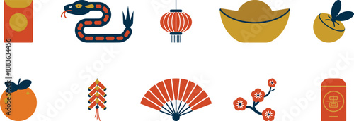 Set of flat vector icons for Chinese New Year of the Snake including lantern, red envelope, gold ingot and fan isolated on transparent background