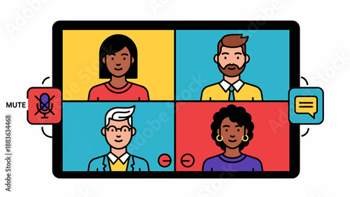 Diverse group of people in a video conference call on a tablet.