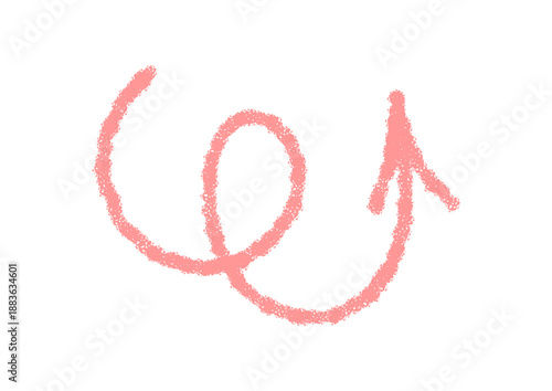 Hand drawn crayon spiral arrow icon with pastel swirl pointer and playful sketch turn accent. Doodle element adds energy to abstract art and decor, perfect for a delicate sticker or creative