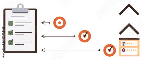 Project management, task planning, productivity tools, goal setting, work efficiency, assessment progress. A clipboard, arrows pointing to targets and completed tasks. Project management and task