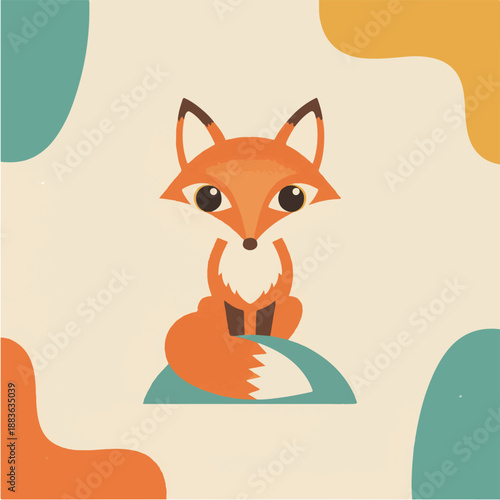 Mid-century modern fox illustration, cute forest animal character in flat vintage style, nursery wall art, retro orange and teal colors.
