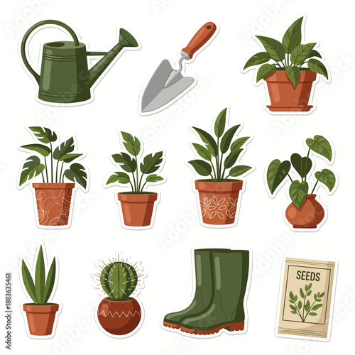 Collection of gardening tools and potted plants for home and garden care.