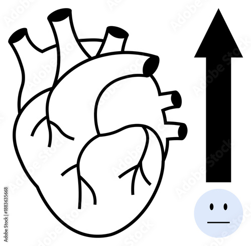 Emotional growth, medical health, anatomy study, physical fitness, emotional awareness, healthcare communication. Human heart with upward arrow and neutral face. Emotional growth and medical health